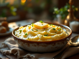 Mashed Potatoes with Butter and Parsley in a Bowl