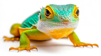 Fototapeta premium Vibrant close-up of a vibrant lizard showcasing intricate patterns and colors against a clean white background in natural light