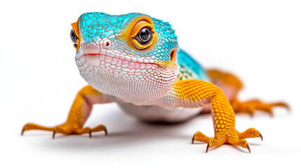Obraz premium Close-up view of a vibrant lizard showcasing intricate details and striking colors against a clean, white background