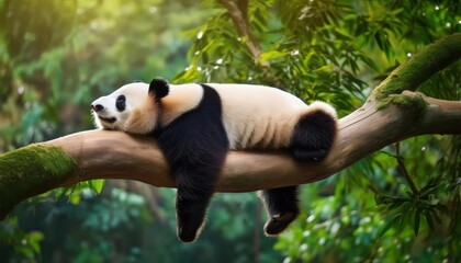 Obraz premium A giant panda resting on a tree branch in a lush green forest, basking in natural sunlight
