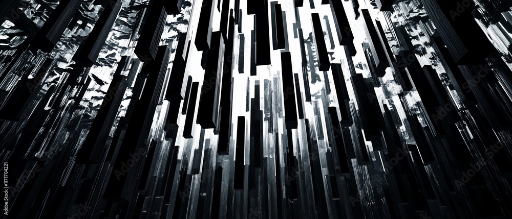 Leinwandbilder Abstract grayscale image of numerous vertical rectangular shapes, creating a dynamic, upward-looking perspective.
