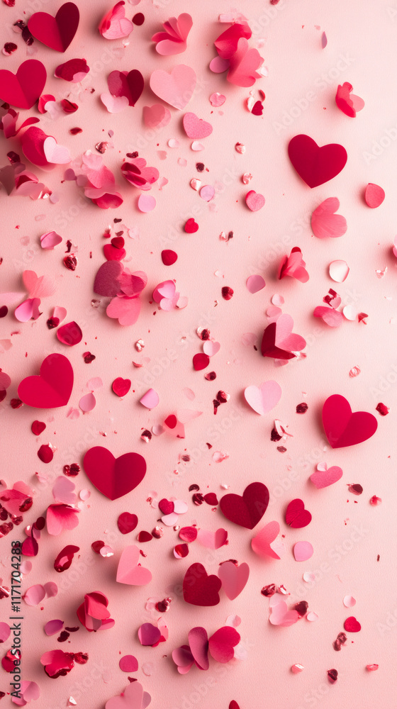 Poster pink and red paper hearts and confetti scattered on a pink background creating a romantic atmosphere