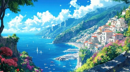 Mediterranean coastal town nestled on a hillside, vibrant colors under a sunny sky.