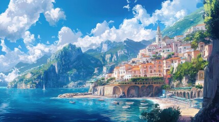 Coastal town nestled between mountains under a vibrant sky.