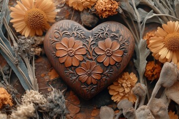 Carved Wooden Heart with Flowers