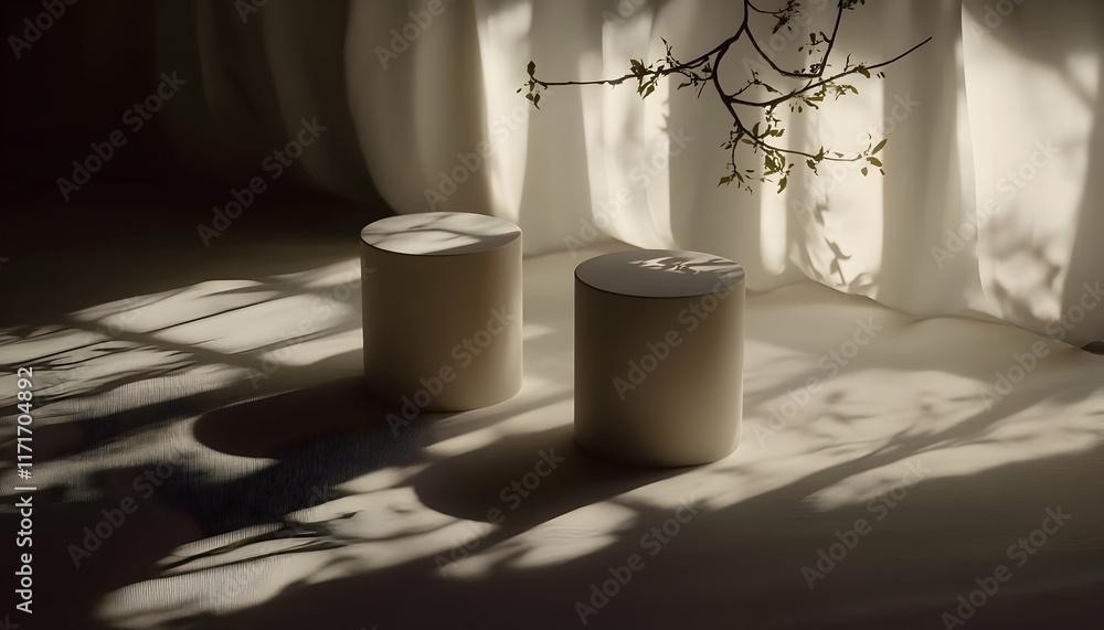 Poster serene minimalist scene two cylindrical objects bathed in sunlight filtering through sheer curtains,