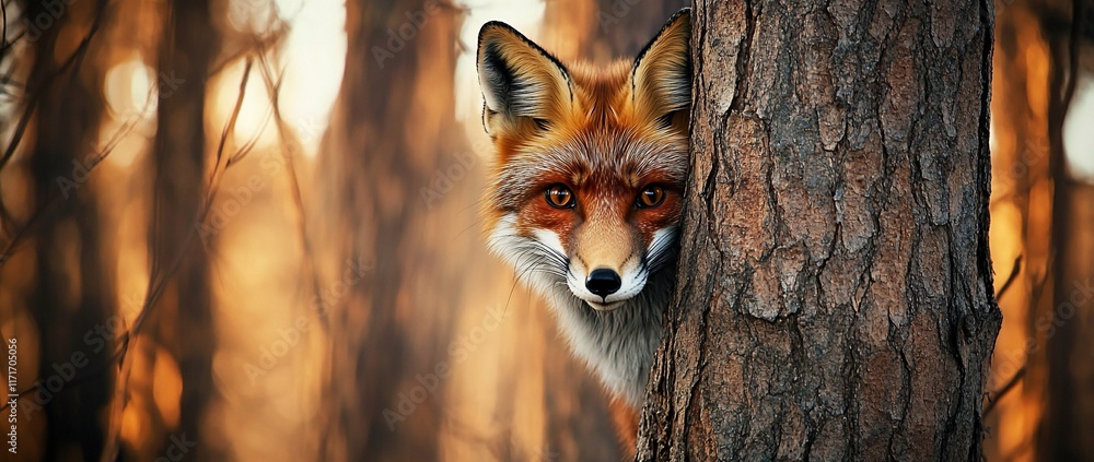 Poster red fox peeking from behind a tree in a forest at sunset.