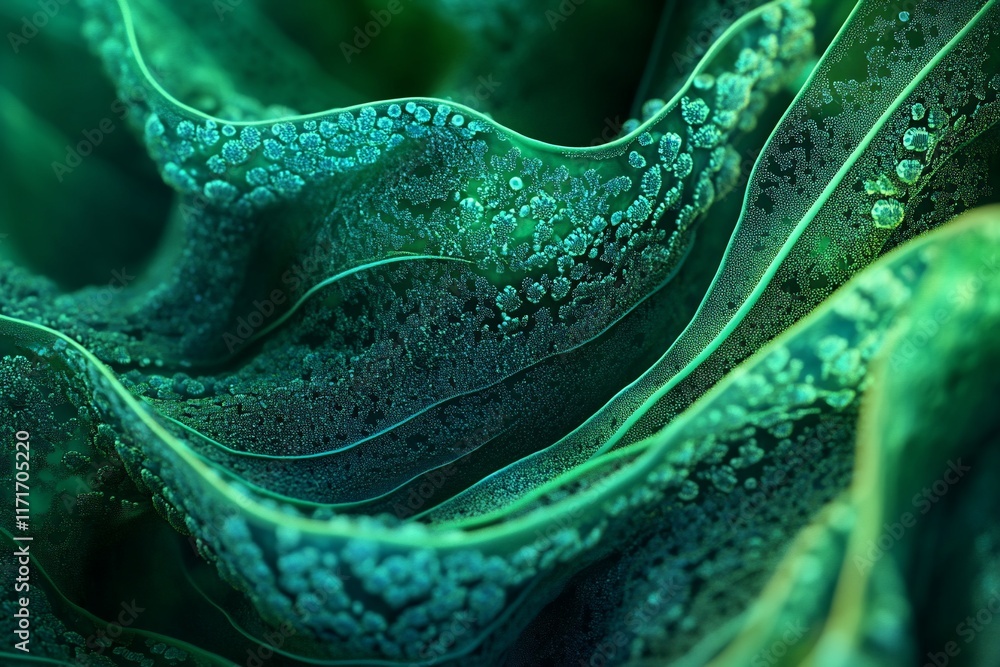 Poster abstract green textured flowing waves with glowing particles.