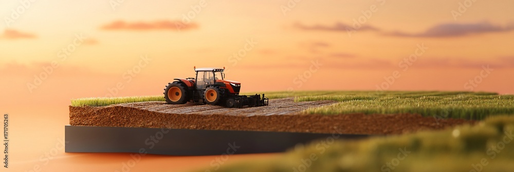 Poster sunset over a miniature farm scene with a tractor on a patch of land.