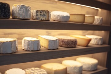 A luxurious display of premium gourmet cheeses, neatly arranged on sleek wooden shelves, with soft lighting enhancing the textures and colors of the cheeses.
