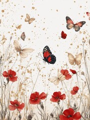 Spring season on watercolor background. Line art floral and insect wallpaper with red wild flowers and group of butterflies, golden glitter. Luxury design for banner, cover, decoration, poster.