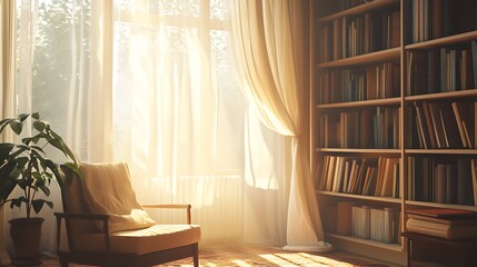 Cozy reading nook with sunlight streaming through sheer curtains, showcasing a comfortable armchair and a bookshelf filled with books.