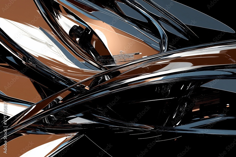Poster Abstract 3D rendering of glossy, metallic shapes in bronze and black, creating a dynamic, futuristic composition.
