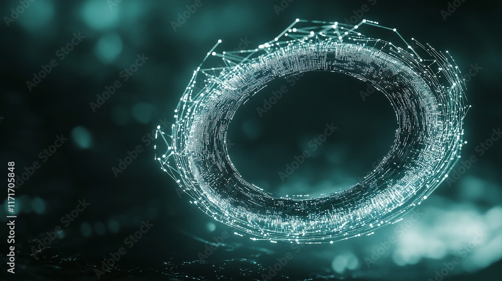 Poster abstract teal glowing ring of connected particles, dark background.