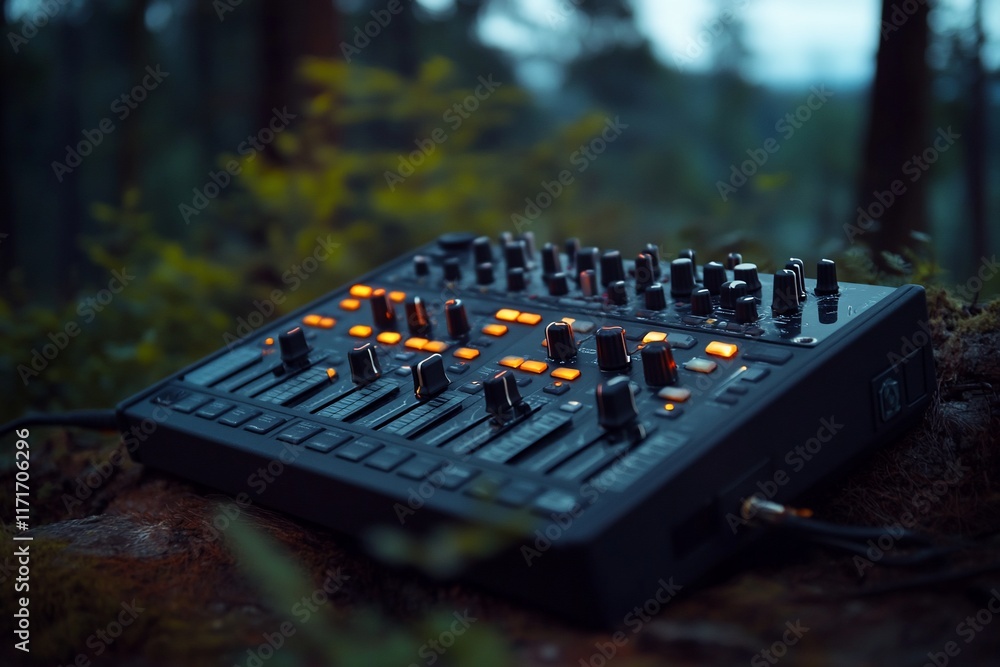 Aufkleber illuminated synthesizer rests on forest ground at dusk.