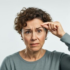 Close-up portrait, woman with concerned expression, fingers touching forehead, furrowed brow, worried eyes, parted lips, stress and anxiety, neutral background, high contrast, sharp focus, studio ligh