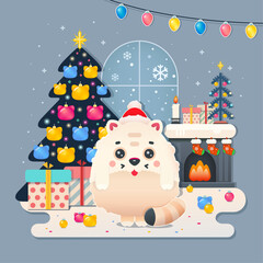 Cute fluffy cat with gifts against the background of a Christmas tree, fireplace and window with snowflakes. Cartoon character design. Flat style. Vector illustration. Greeting card.