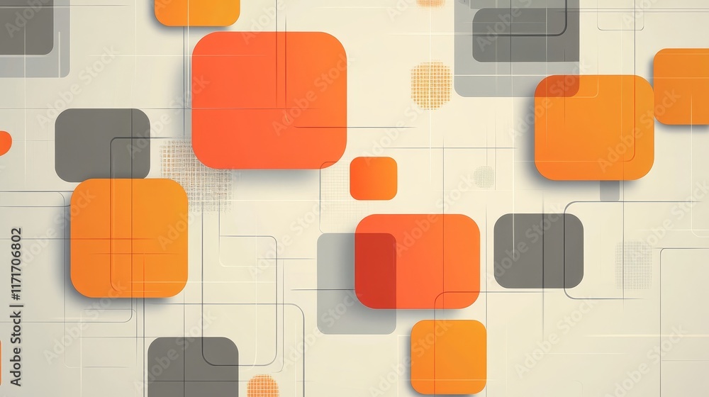 Aufkleber abstract design featuring overlapping squares in orange and gray tones on a light background.