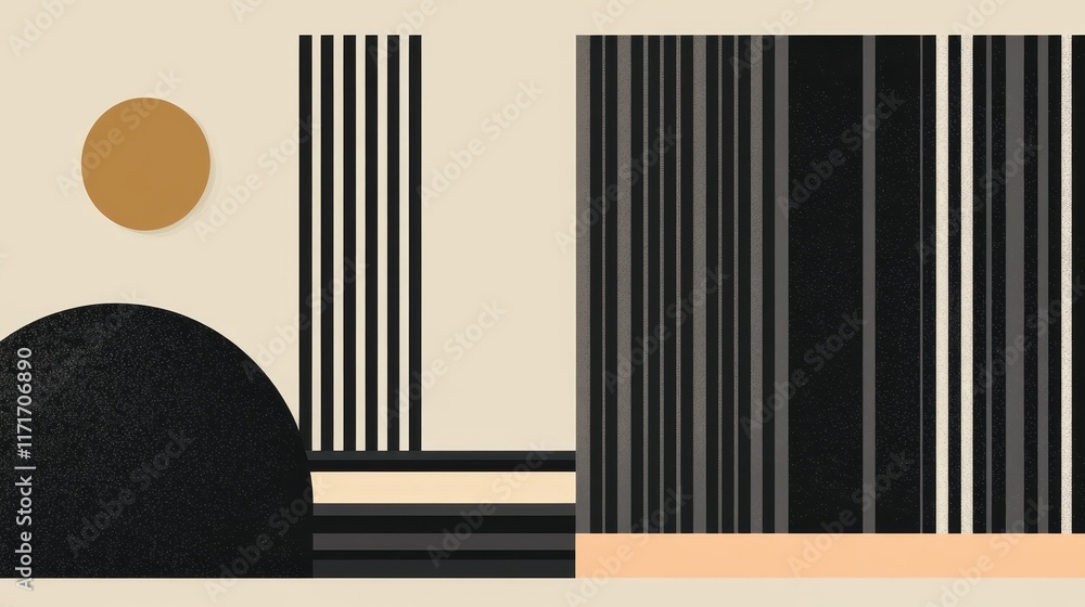 Poster abstract geometric design featuring shapes and vertical stripes in a muted color palette.