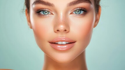 Fototapeta premium Portrait of young woman, glowing skin, natural makeup, vibrant eyes, soft lighting, floral background, ethereal beauty, delicate features, feminine, dreamy atmosphere, gentle touch, serene expression,