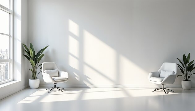 White modern office interior with a large empty wall for a mockup and soft natural light creating gentle shadows