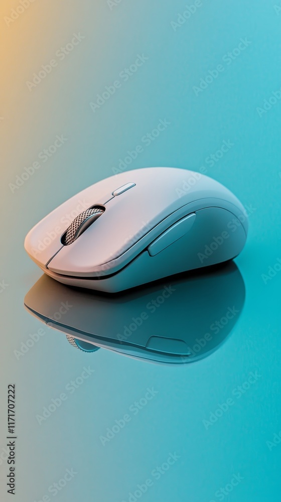 Poster a sleek computer mouse resting on a reflective surface with a gradient background.