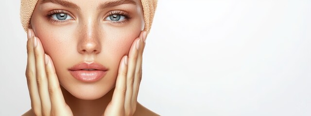 Beautiful woman, flawless skin, natural makeup, brown eyes, arched eyebrows, full lips, hand on cheek, soft lighting, beauty portrait, high-end fashion, cosmetics advertisement, professional photograp