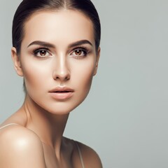 Fototapeta premium Elegant woman portrait, blonde hair, dramatic lighting, black plunging neckline blazer, flawless makeup, studio backdrop, high fashion, sleek styling, piercing gaze, professional headshot, cinematic l