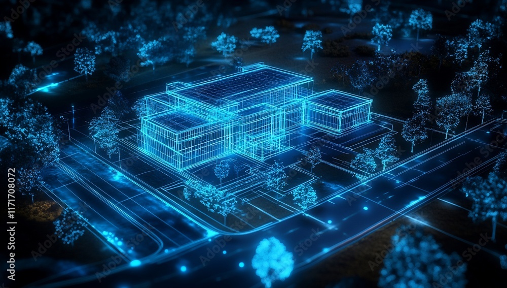 Poster Digital wireframe model of a building and its surrounding landscape at night, illuminated with glowing blue lines.