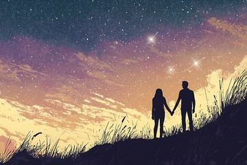 Fototapeta premium Couple stargazing, hilltop, sunset, romance.