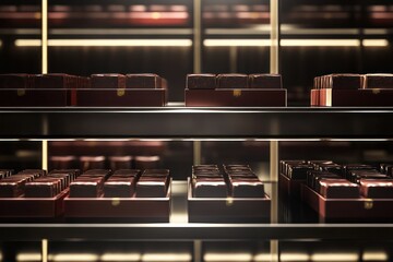 A luxurious product display of gourmet chocolates, arranged neatly in elegant boxes on polished metal shelves, with soft lighting accentuating their rich textures.