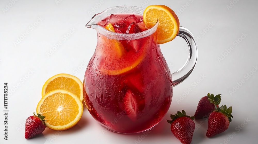 Poster refreshing pitcher of strawberry-orange iced tea with ice and fruit slices.