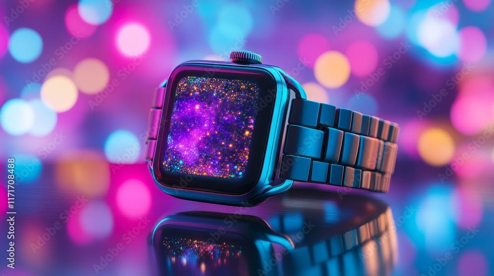Poster a sleek smartwatch displaying a vibrant galaxy design against a colorful bokeh background.