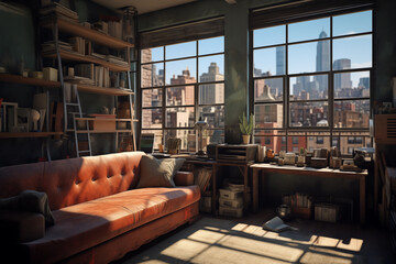 Warm and inviting living area features brown leather couch facing large windows. Bright sunlight shines through, illuminating rich city skyline in background.