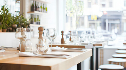 Restaurant Ambiance: Capturing the understated elegance of a sunlit restaurant, this image showcases impeccably set tables, ready for patrons to savor a delightful meal.