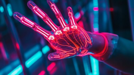 Neon-lit translucent hand; futuristic, glowing.