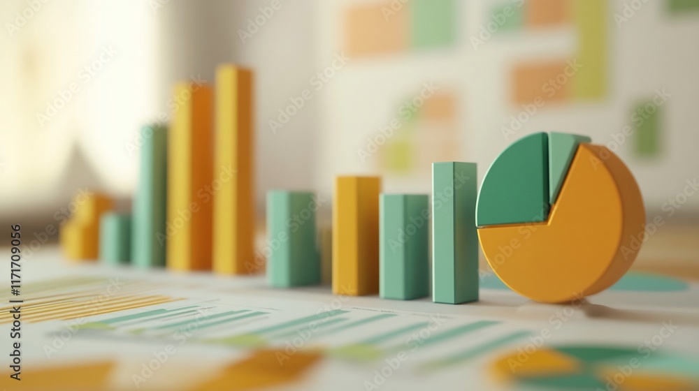 Aufkleber colorful 3d bar graph and pie chart on financial report.