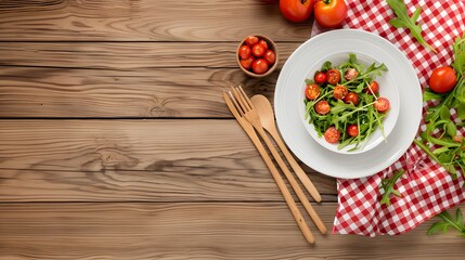 Plate of arugula salad with cherry tomatoes on a wooden table. Top view with red checkered napkin and wooden cutlery. Food photography for design and print

