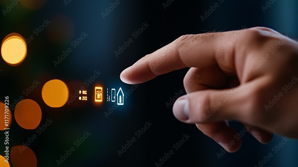 Aufkleber a hand interacts with a futuristic smart home interface, illuminated against a bokeh background. the