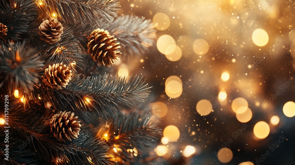 Poster festive christmas tree branch with pine cones and warm lights, bokeh background.