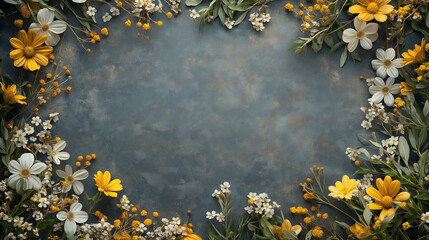 Boho style wildflowers and spring daisies on a gray concrete background. Graphic banner or frame