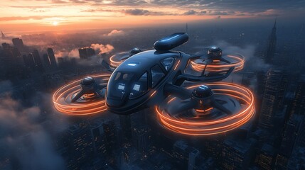 Futuristic drone taxi flying over a city at sunset.