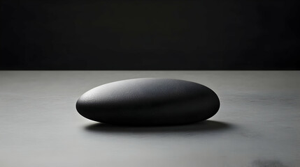 Minimalist still life of a smooth black stone on a matte gray surface, symbolizing strength and stability, perfect for corporate or financial imagery