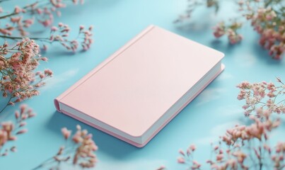 Fototapeta premium Pink notebook, pale flowers, light blue background.