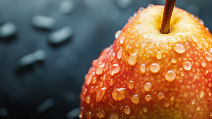 close up of juicy pear with water droplets, showcasing its vibrant colors and texture. pear surface glistens, creating appealing and fresh look
