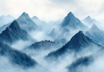 Obraz premium Mountain Peaks in the Clouds: Serene landscape photography captures the ethereal beauty of majestic mountain peaks shrouded in a mystical veil of clouds.
