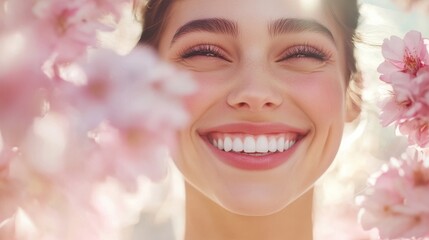 beauty, summer, emotion, expression and people concept - happy beautiful woman over natural spring cherry blossom background - obrazy, fototapety, plakaty
