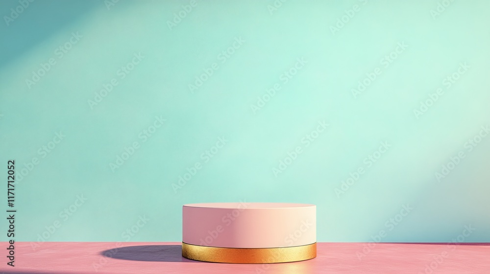 Aufkleber a minimalist product display featuring a round container on a pastel background.