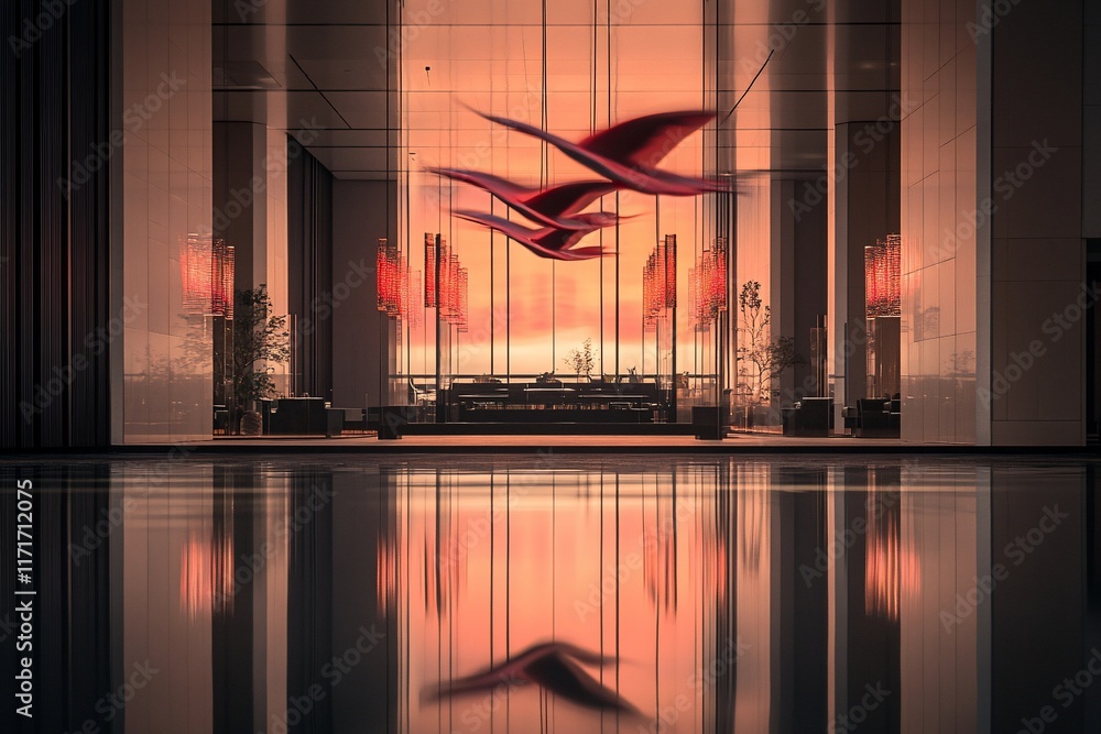 Aufkleber modern building lobby with sunset view and red art installation reflected in polished floor.