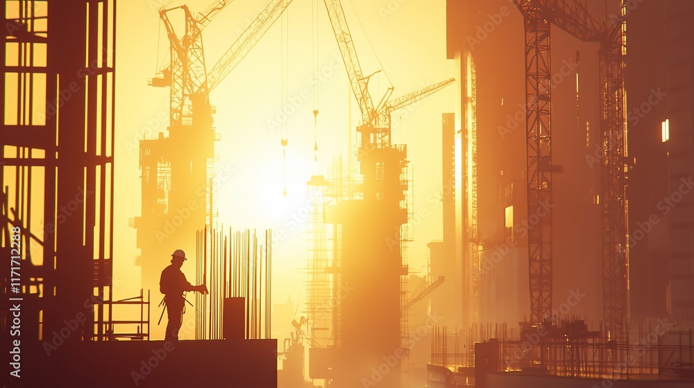 Aufkleber silhouetted construction worker at sunset on a high-rise building site with multiple cranes.